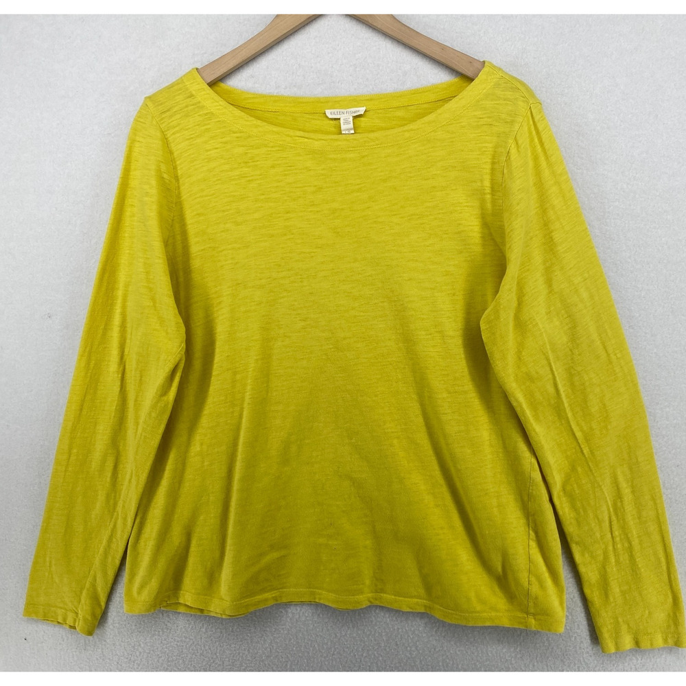 EILEEN FISHER Top L Slub Organic Cotton Jersey Boat Neck Long Sleeve Yellow
